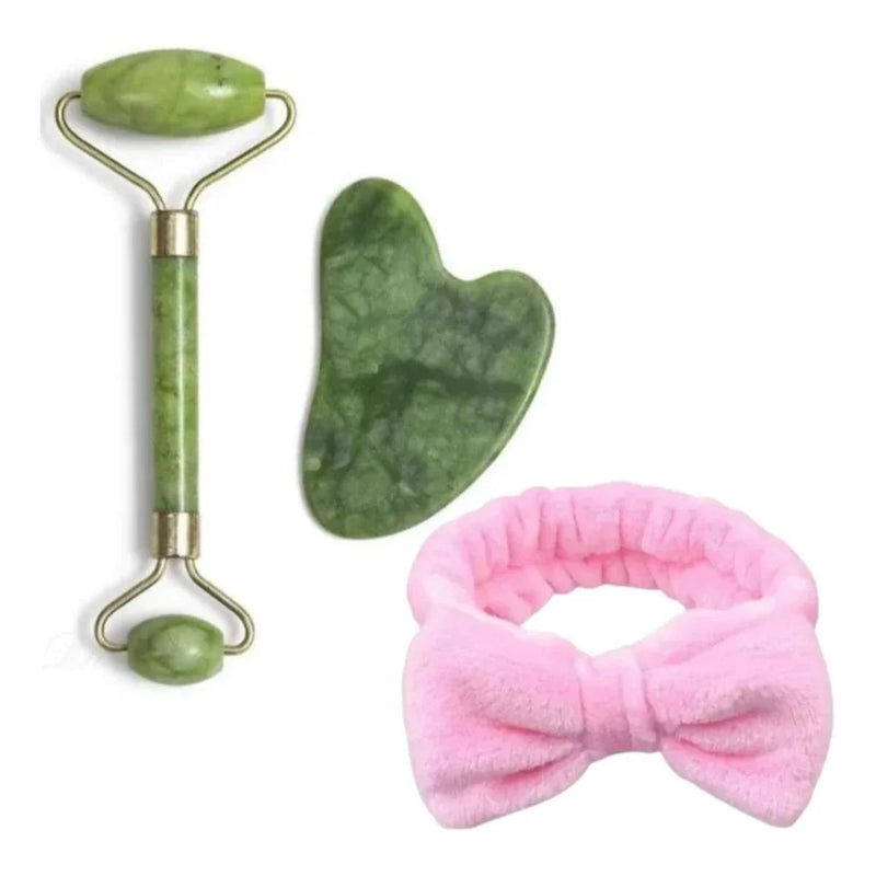 Rolo de Jade e Placa Gua Sha Massagem Facial Anti-Rugas