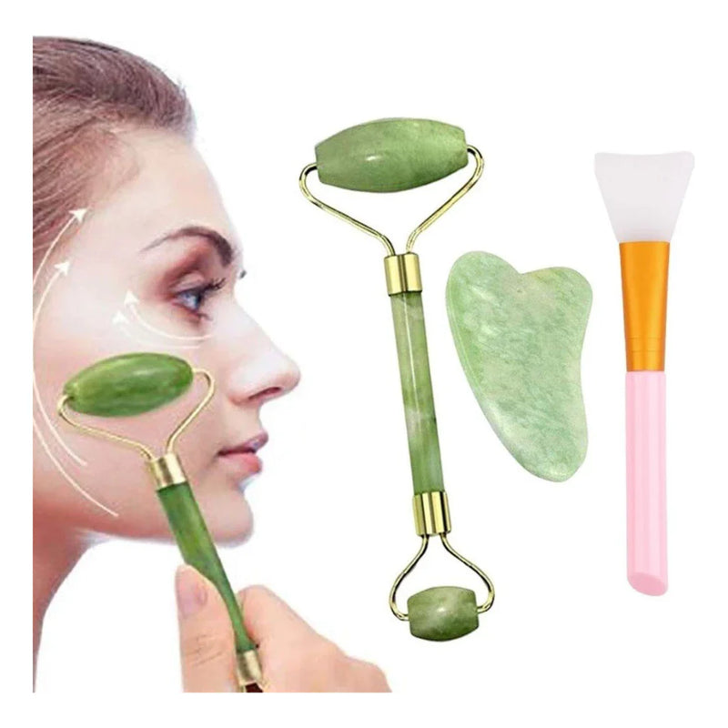 Rolo de Jade e Placa Gua Sha Massagem Facial Anti-Rugas